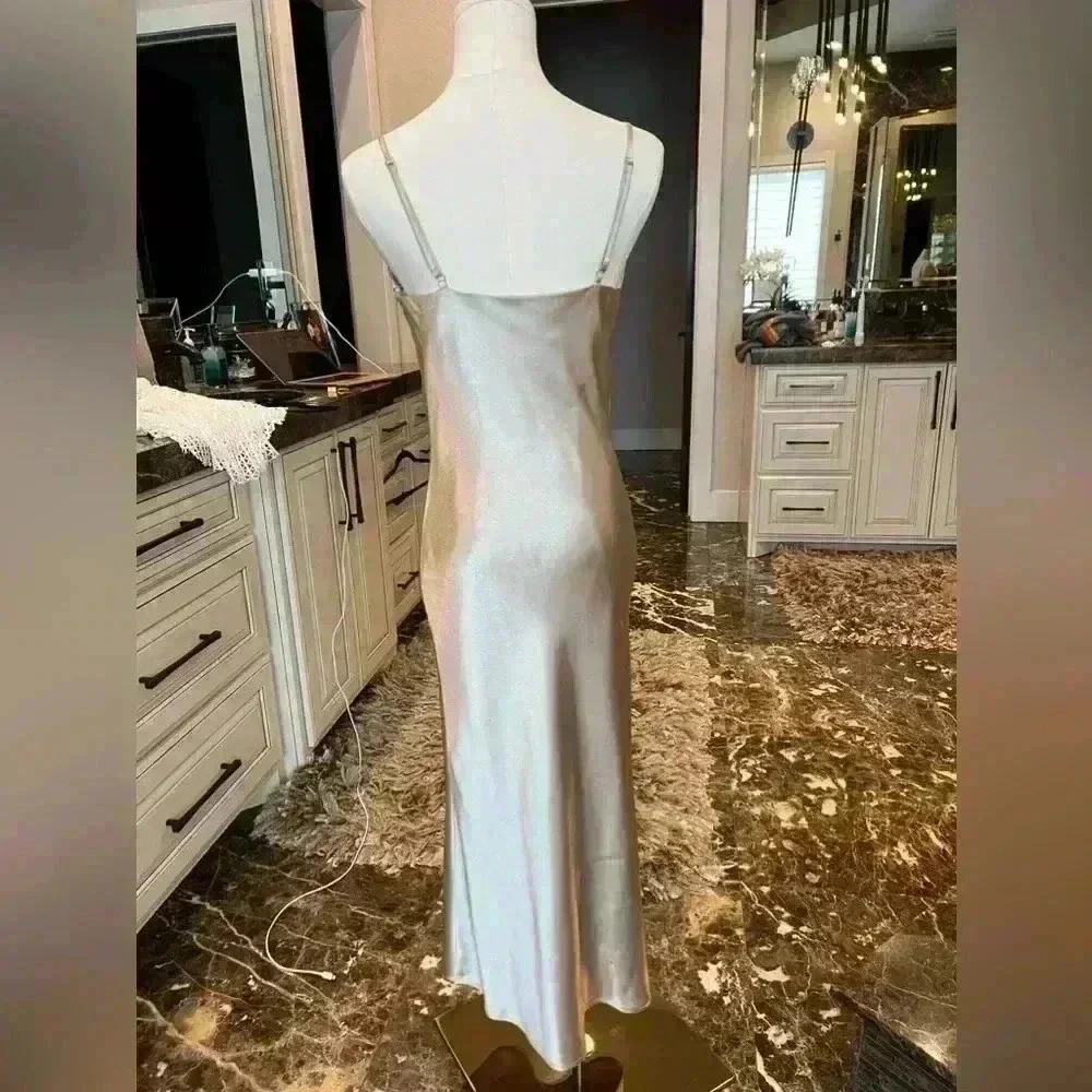 Birdy Grey Champagne Metallic Drape Neck Shiny Satin Dress-Size Small - Picture 6 of 7